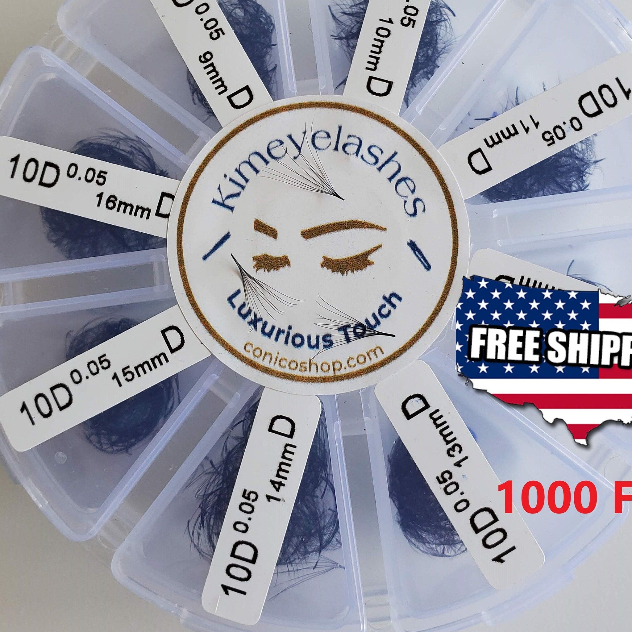 Eyelash extensions in dark color, plastic container, Kimeyelashes brand name visible