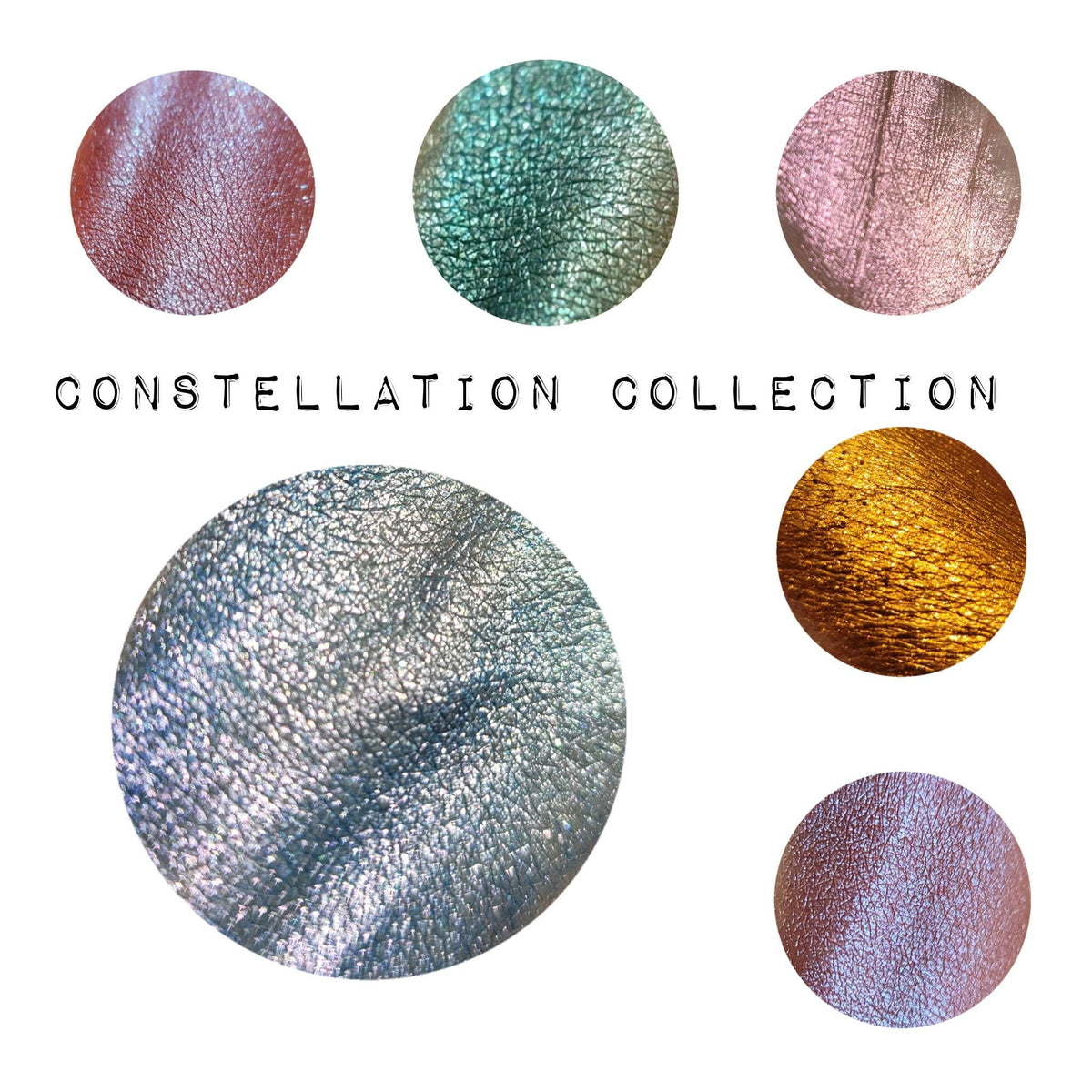 Close-up of multichrome pressed eyeshadow pans with shimmery sparkle and color-shifting hues in celestial-inspired shades