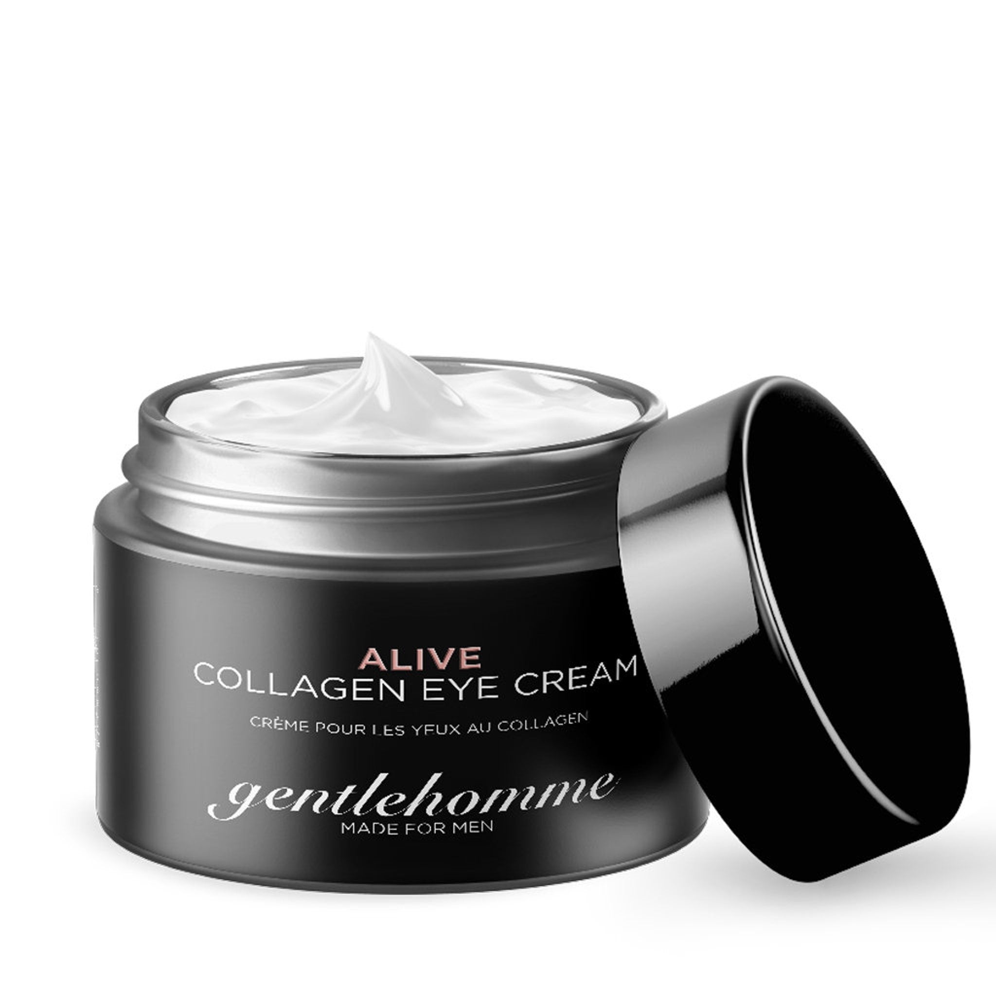 Collagen eye cream jar, black and silver container, white cream visible, Gentlehomme brand