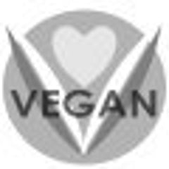 Vegan symbol in gray with heart and text, circular design, simple style
