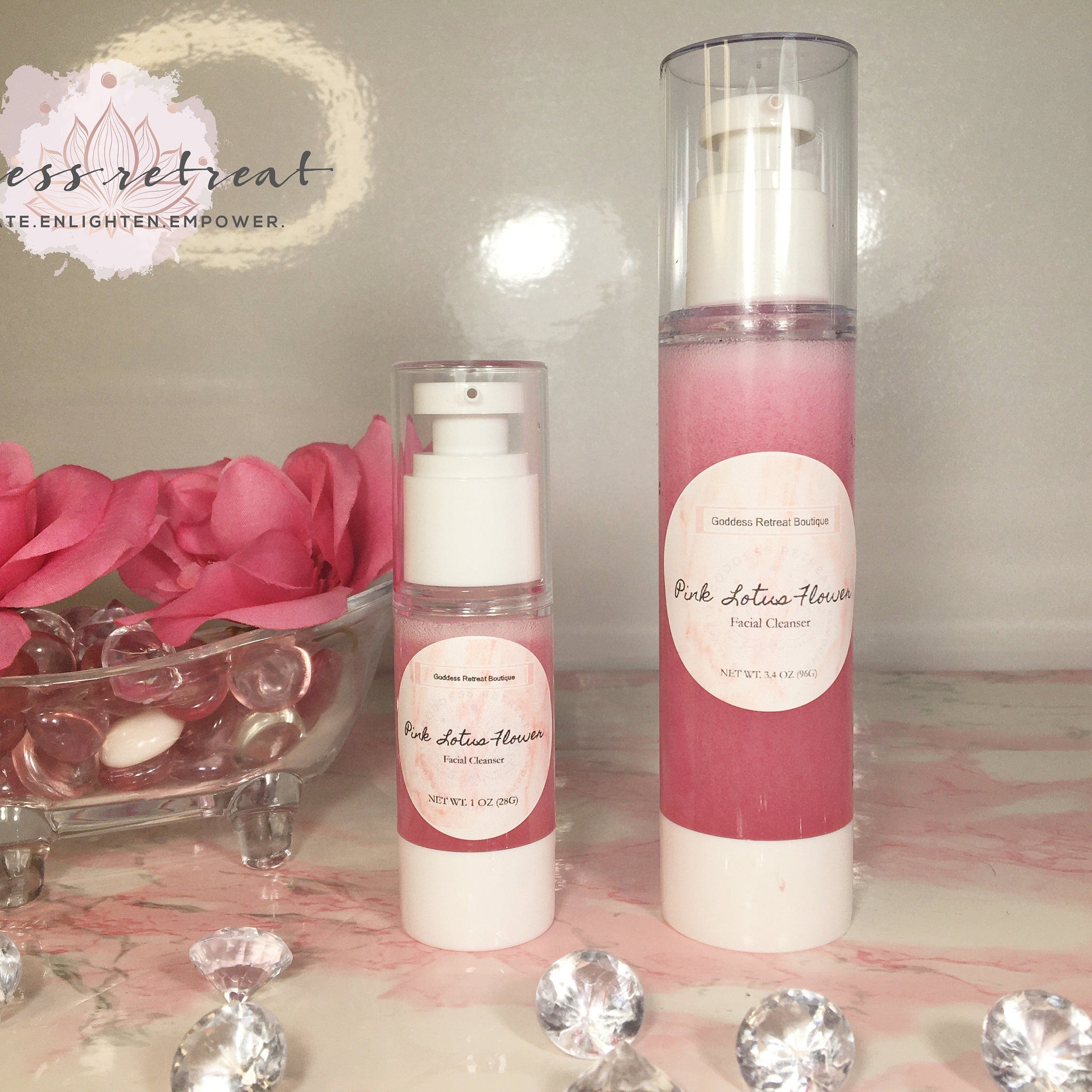 Facial Cleanser bottles, pink liquid, white pump top, Goddess Retreat Boutique label