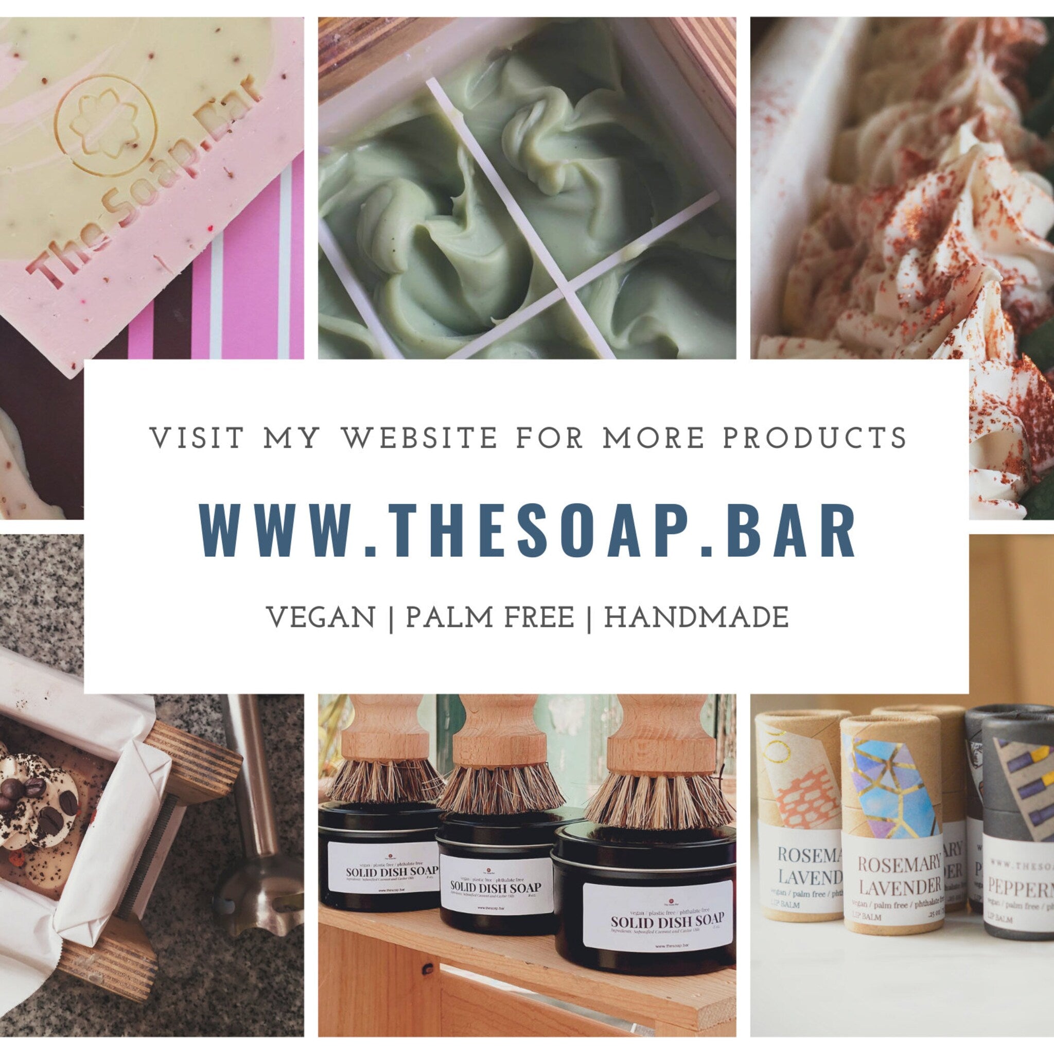 Soap products with pink, green, and white colors, with "The Soap Bar" text, and website address displayed