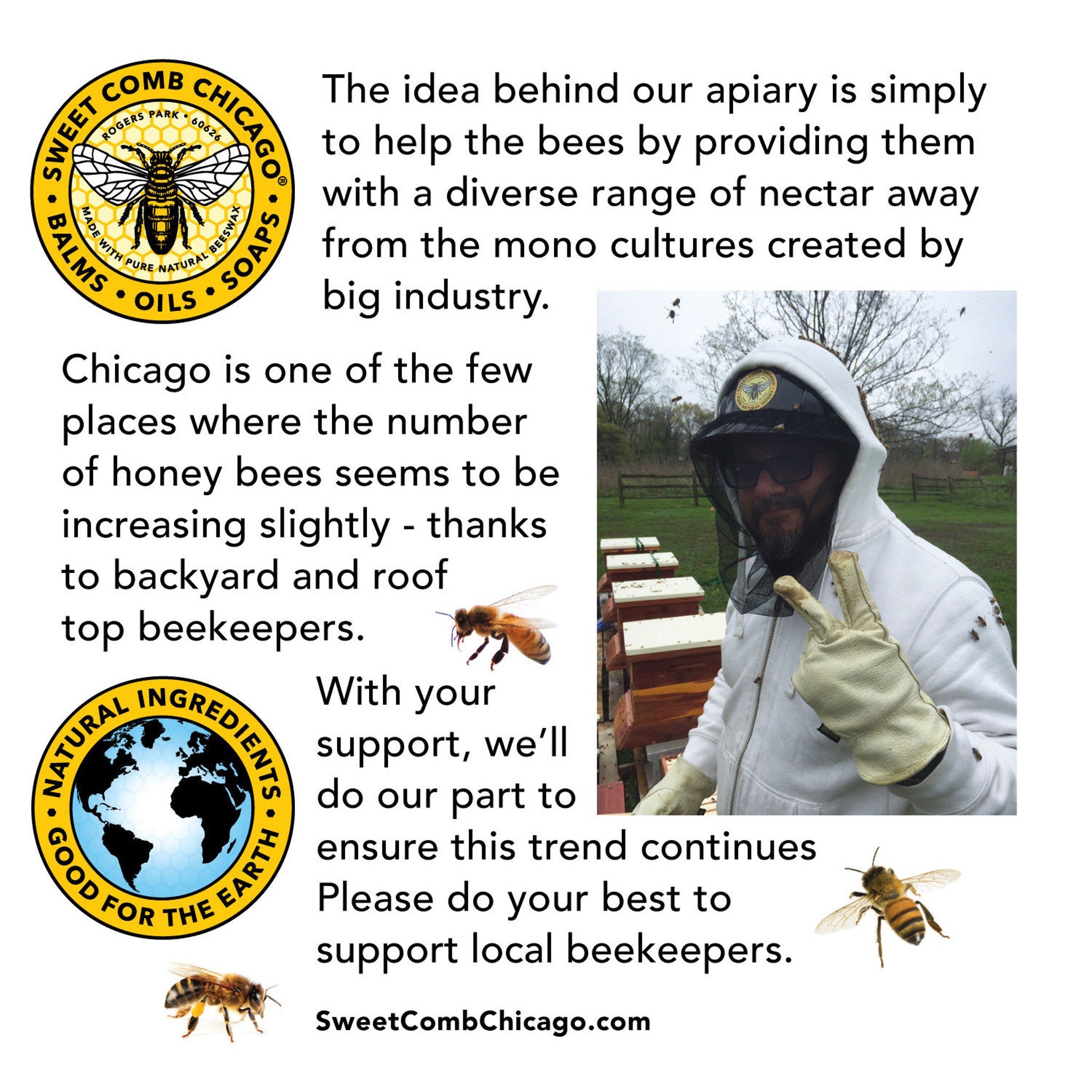 Bee logo with yellow and black design, text "Sweet Comb Chicago", and a person in beekeeping gear