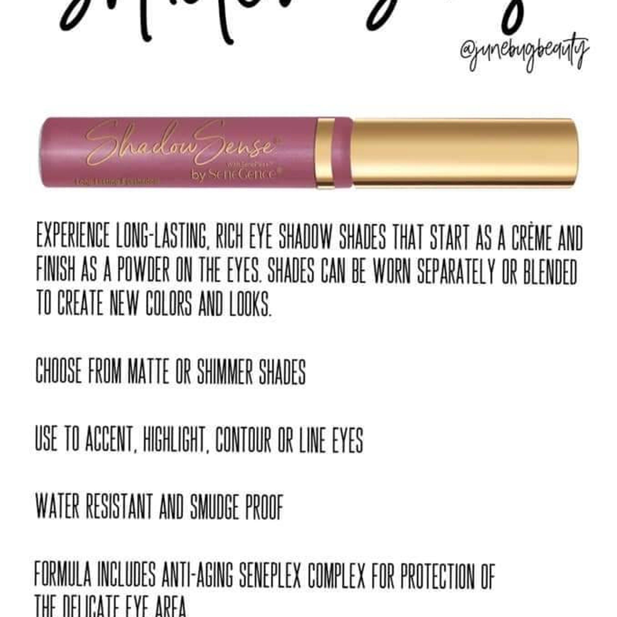 Eye shadow tube, pink and gold, with "ShadowSense by SeneGence" text visible