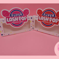LASHPOP box packaging with white, pink, and blue branding with polka dot trim