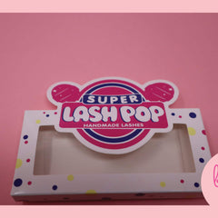 Lash pop packaging, white box with polka dots, pink and blue branding, "Super Lash Pop" text