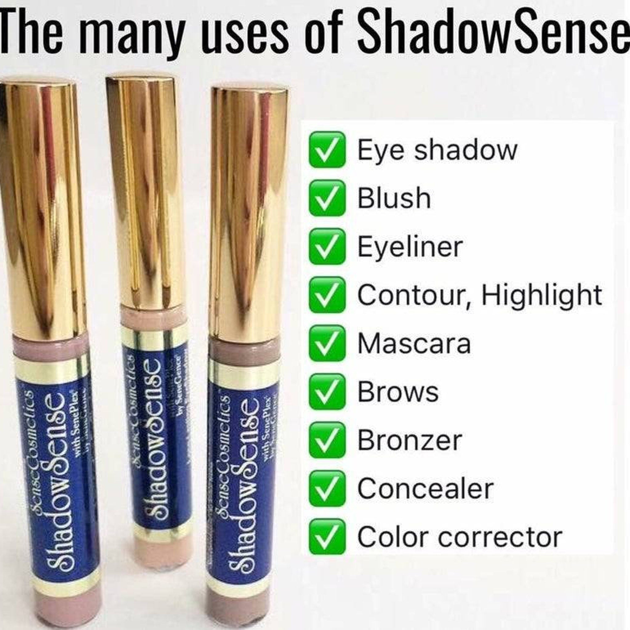 ShadowSense cosmetic tubes with gold caps, blue label, and various uses listed