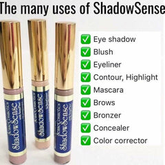 ShadowSense cosmetic tubes with gold caps, blue label, and various uses listed