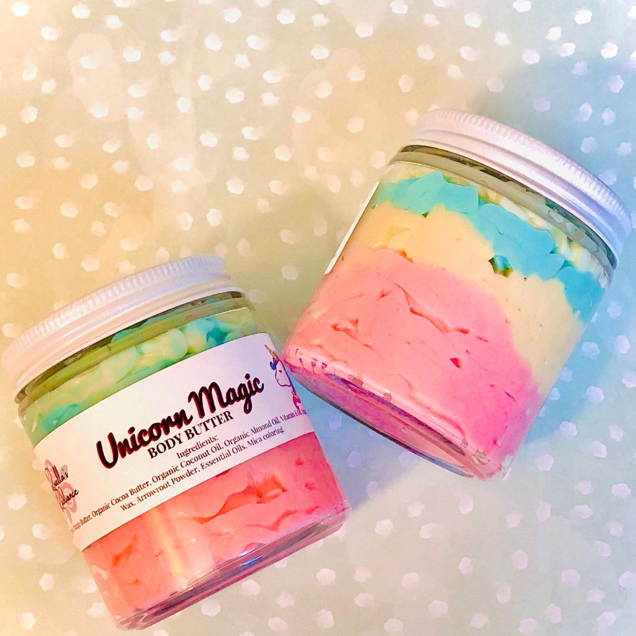 Vibrant purple tube of unicorn magic vegan lotion with silver holographic accents for sensitive skin