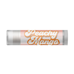 Lip balm tube with white and orange text on a clear, cylindrical container