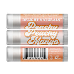 Lip balm tube with clear, peach, and white packaging, Delight Naturals branding visible
