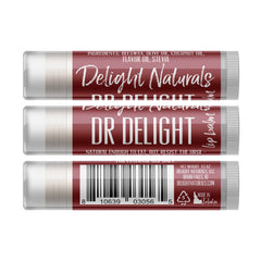 Lip balm tubes with burgundy label, white text, and Delight Naturals branding.
