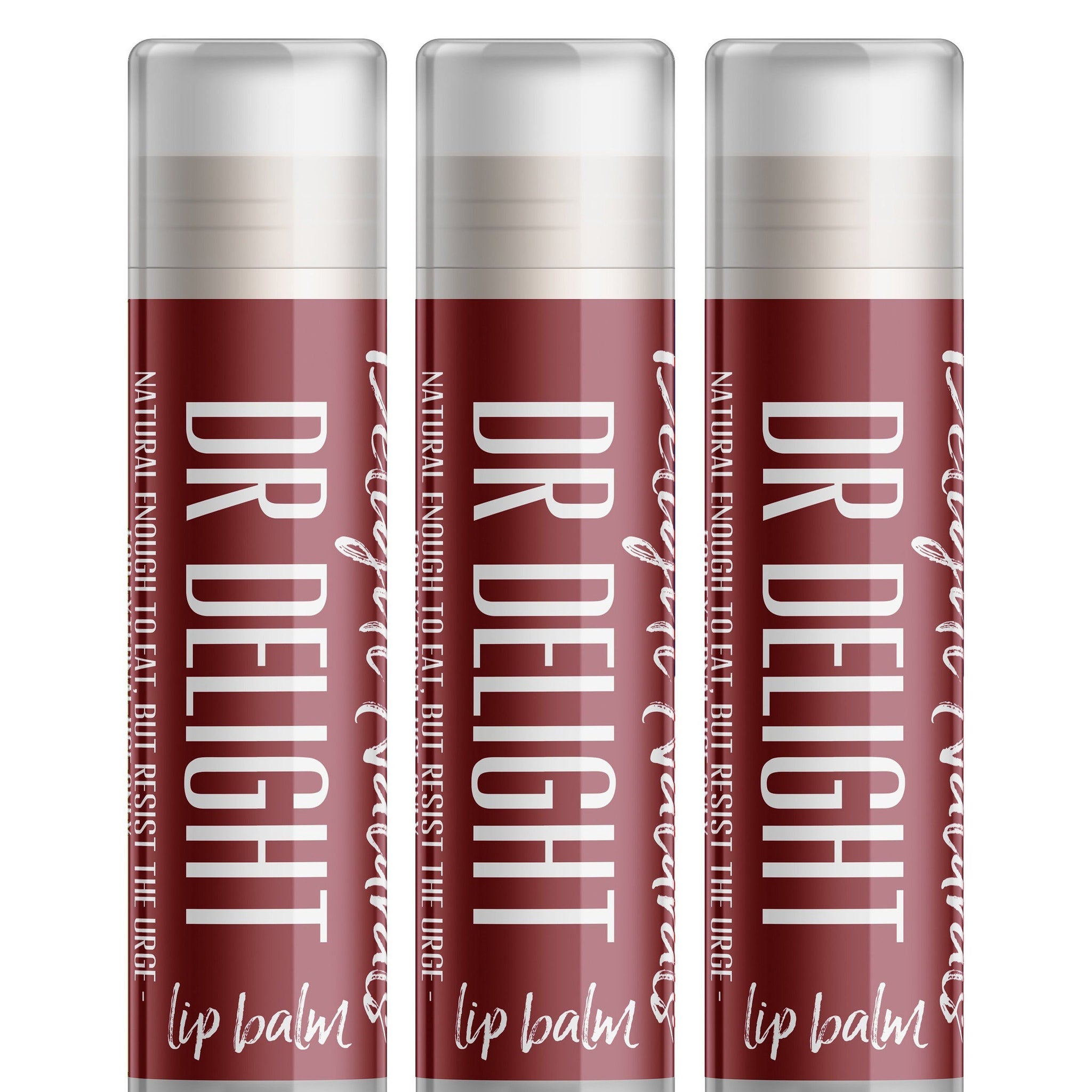 Lip balm tubes with burgundy and white color scheme, "Dr Delight" text visible, three-pack display