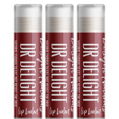 Lip balm tubes with burgundy and white color scheme, "Dr Delight" text visible, three-pack display