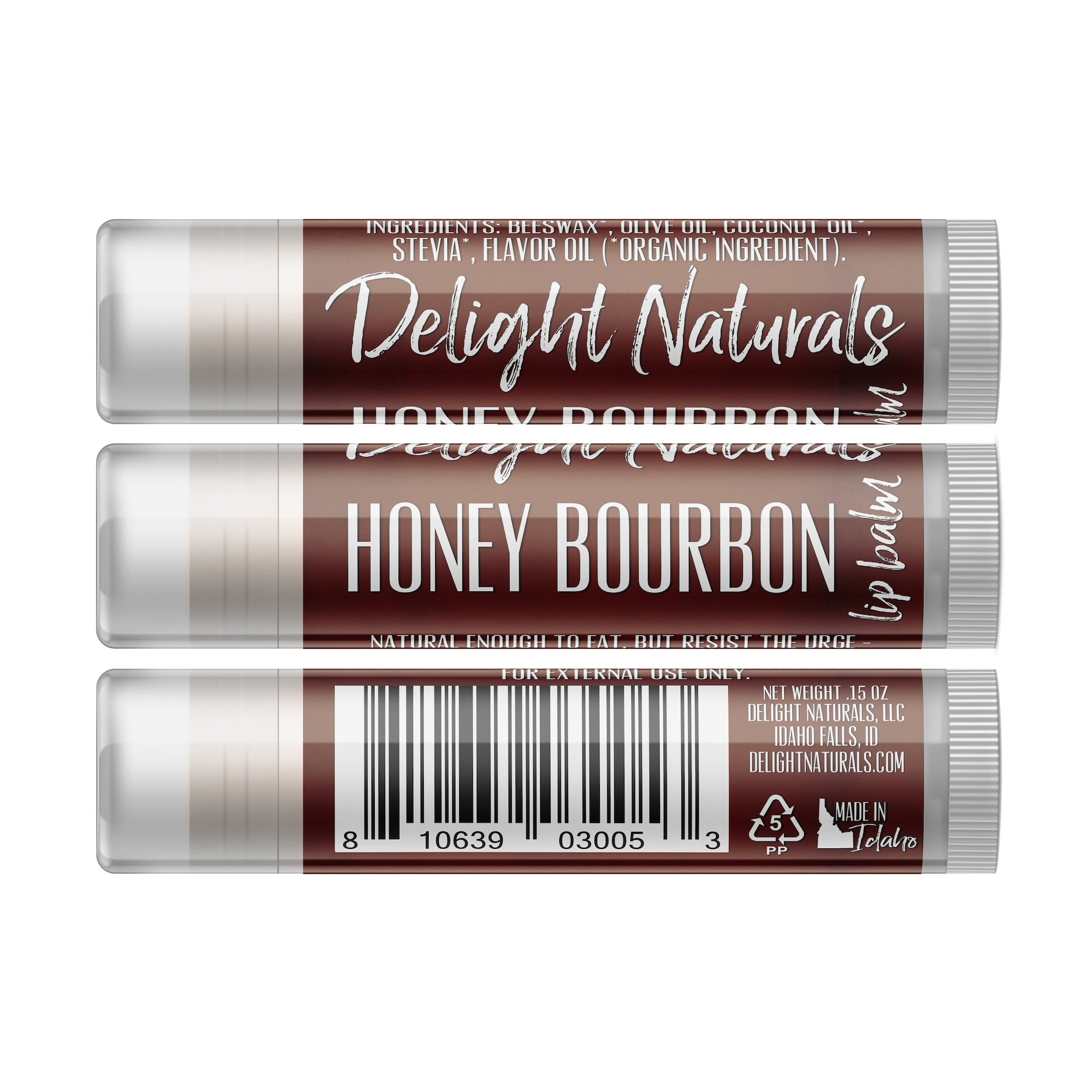 Lip balm tubes with brown and white labels, Delight Naturals Honey Bourbon flavor, barcode visible