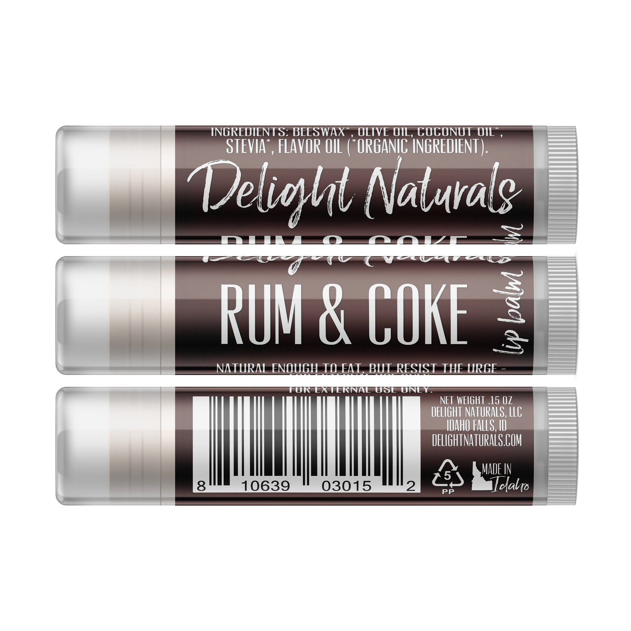 Lip balm tube with brown, white, and silver color scheme, Delight Naturals brand name visible