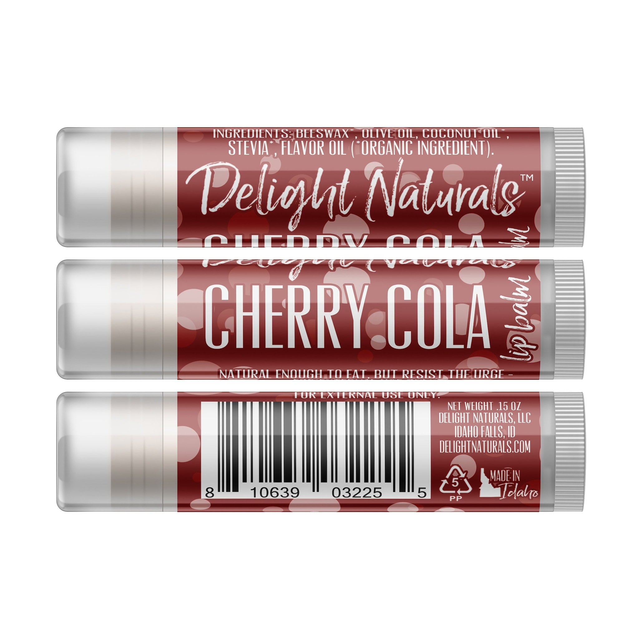 Lip balm tube with red and white color scheme, Delight Naturals branding, and Cherry Cola text