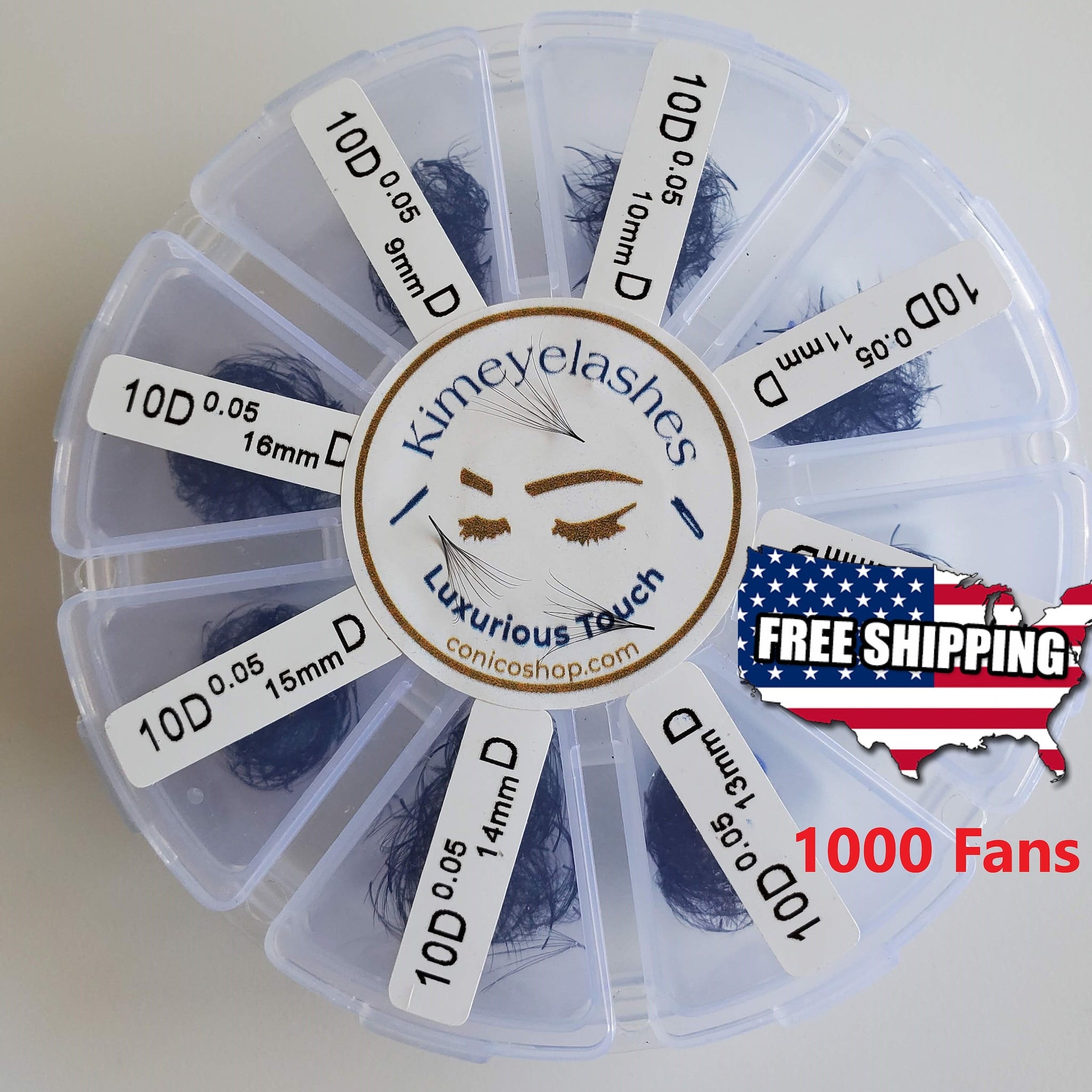 Eyelash extensions in clear plastic container, dark lashes, Kimeyelashes brand label visible, with free shipping text