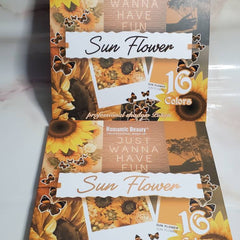 Close-up of Sunflower Rose Garden eyeshadow palette showing shimmering gold and soft pink shades with floral imprint designs