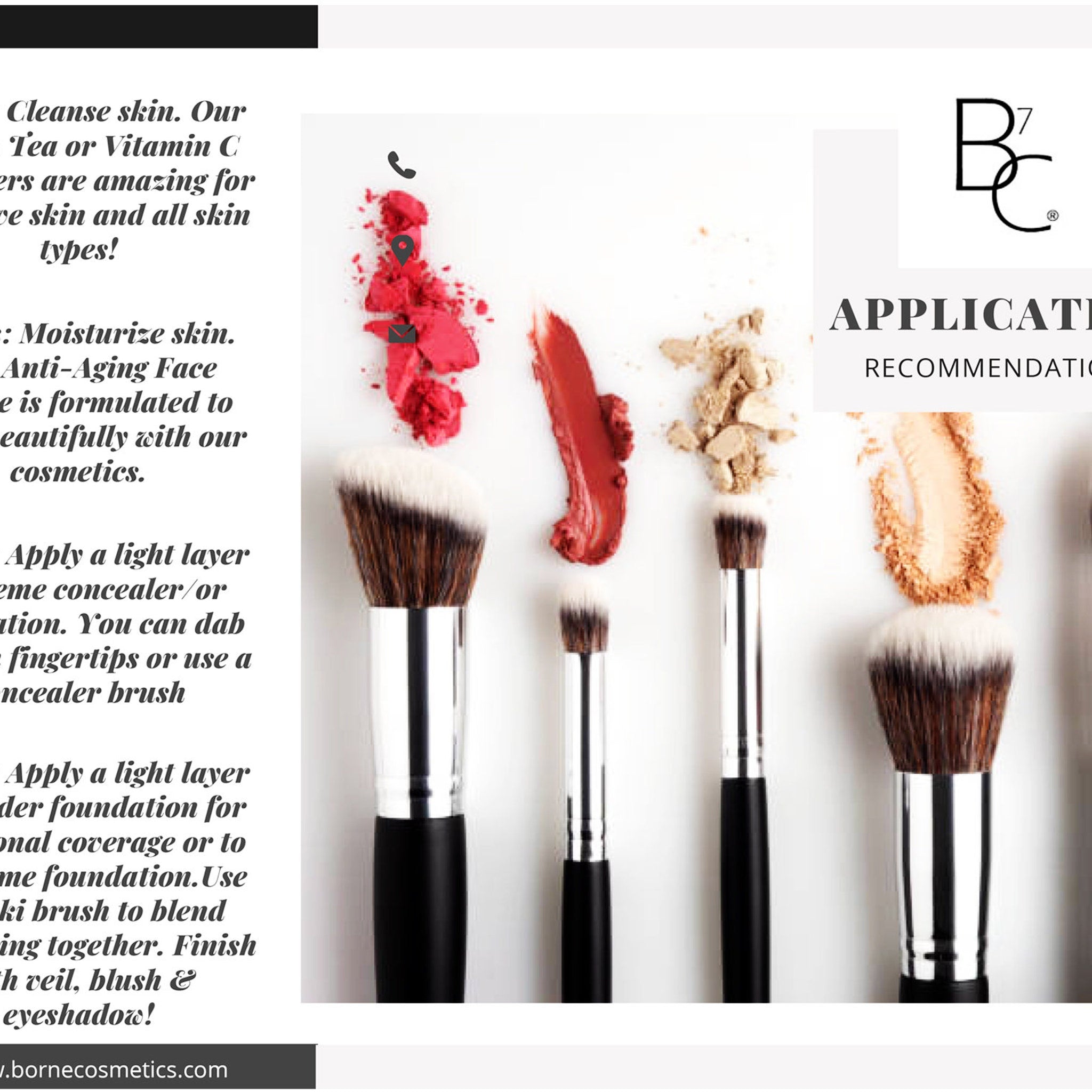 Makeup brushes with black handles, silver ferrules, and brown bristles, next to makeup products