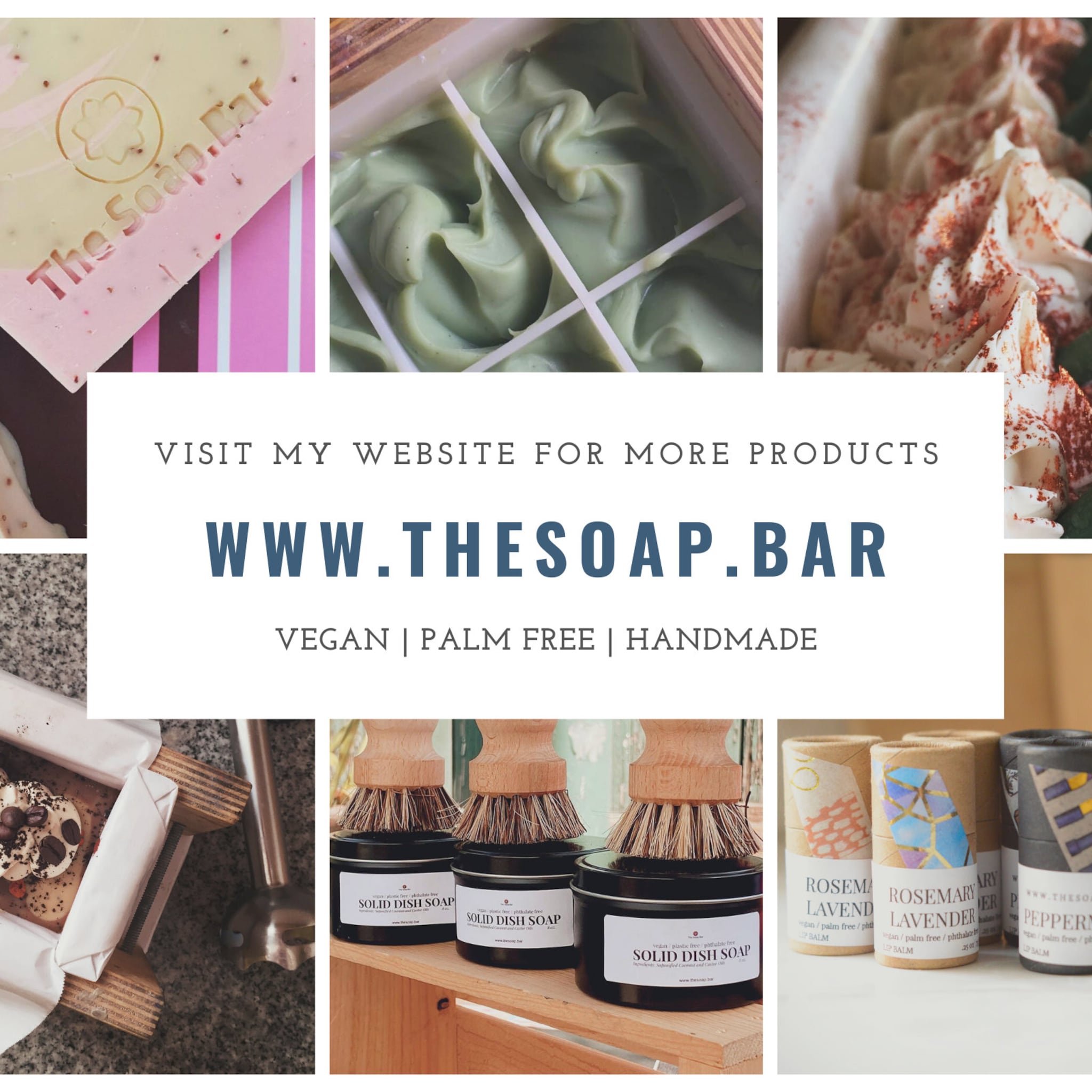 Soap bar with pink and white stripes, "The Soap Bar" logo, and embedded details on top