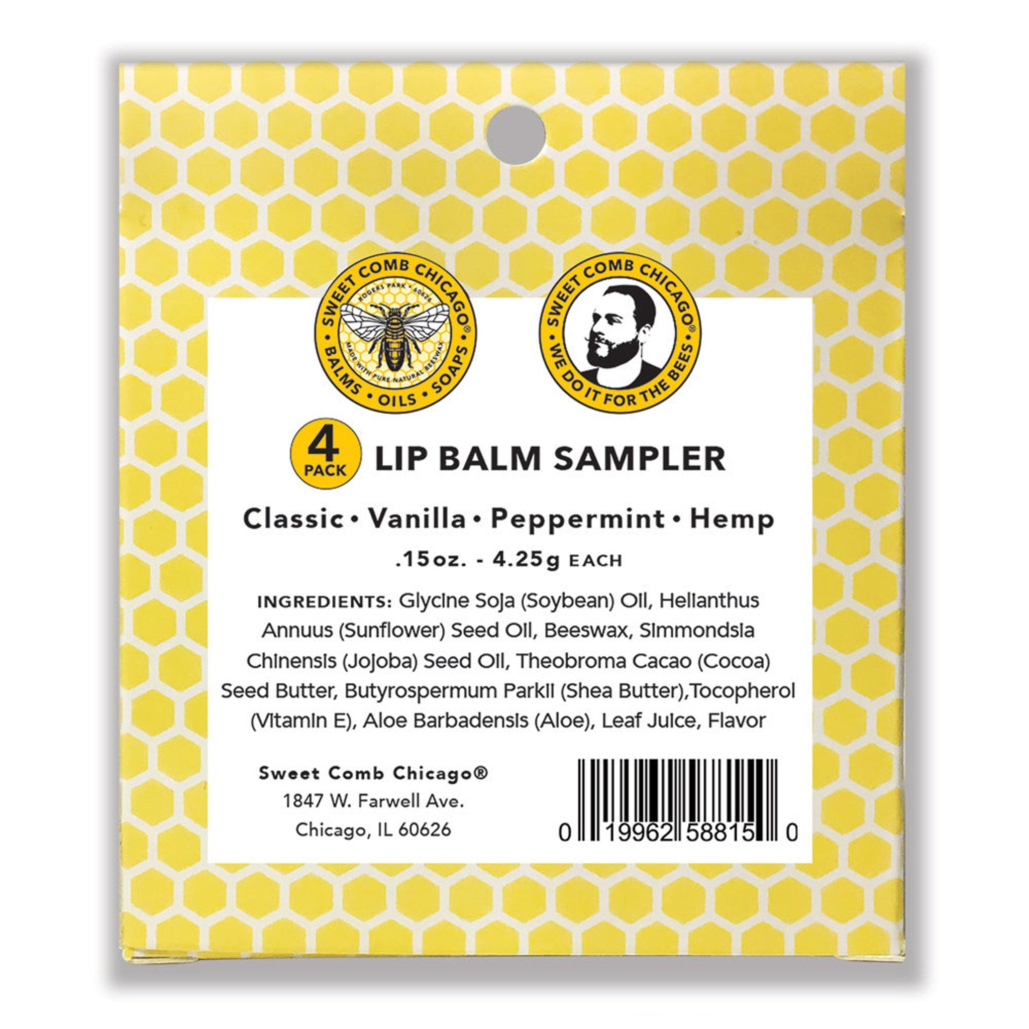 Lip balm sampler with yellow honeycomb pattern, "Sweet Comb Chicago" branding, and white text on a card