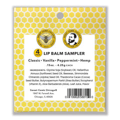 Lip balm sampler with yellow honeycomb pattern, "Sweet Comb Chicago" branding, and white text on a card