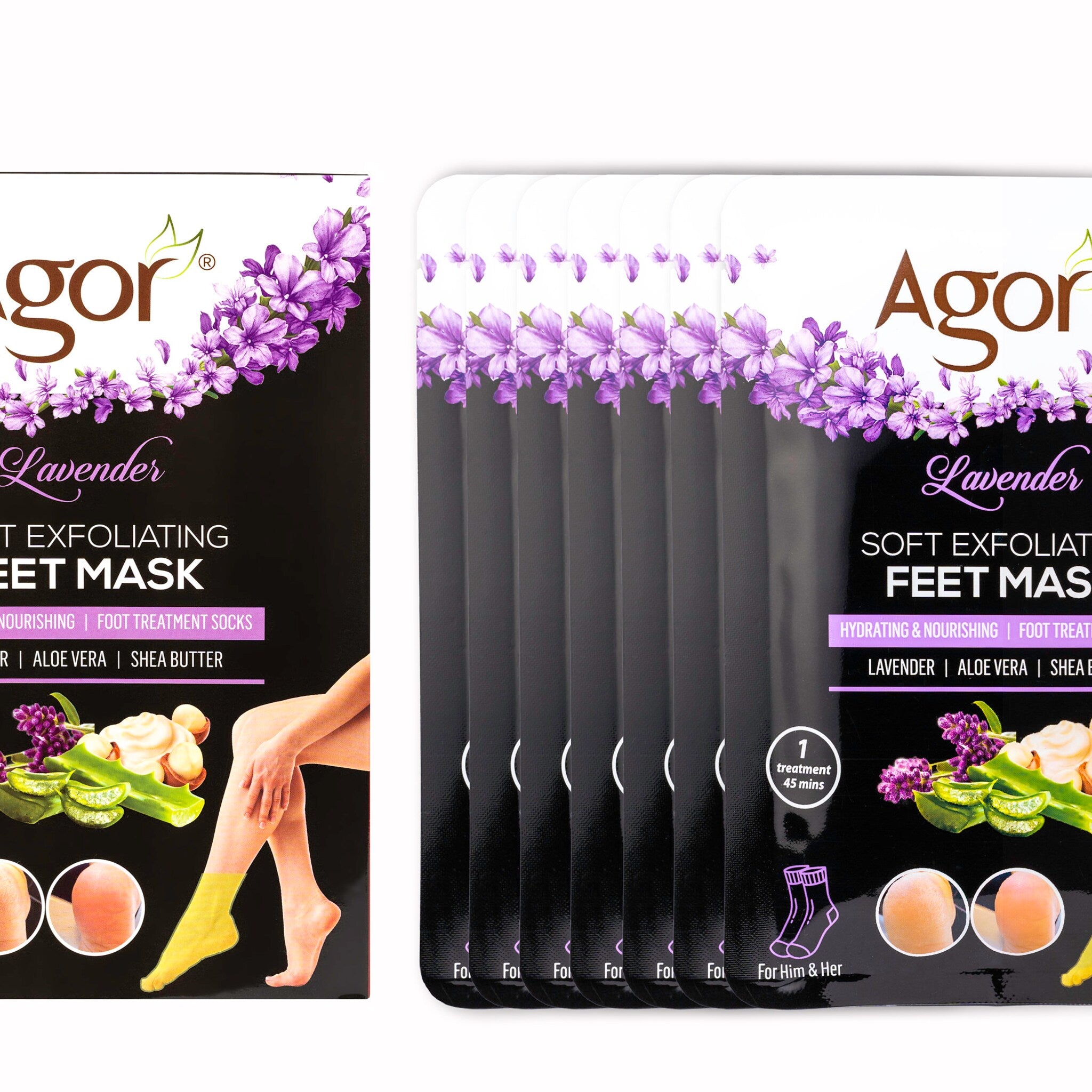 Soft exfoliating feet mask, white and black packaging with purple floral design, Agor brand visible