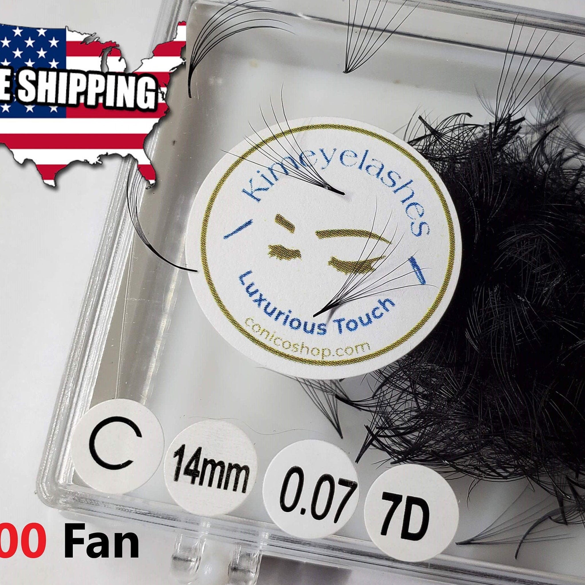 Eyelash extensions, black synthetic fiber, Kimeyelashes brand, in clear container with labels