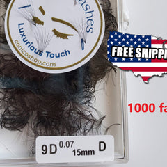 Premade eyelash fans, black synthetic material, in clear container, 9D label visible