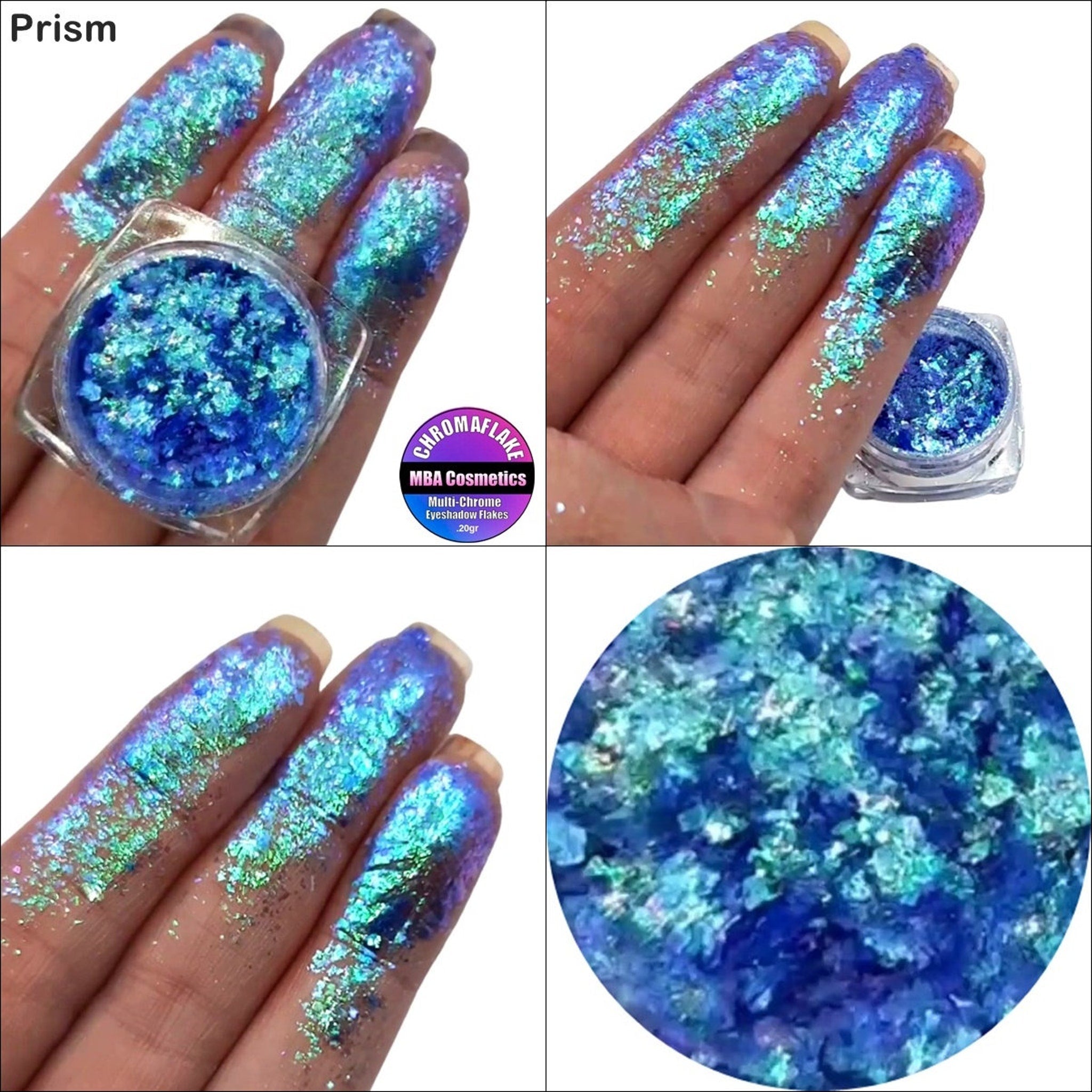 Prism Chromaflake Eyeshadow Flakes in iridescent packaging with holographic details on black background