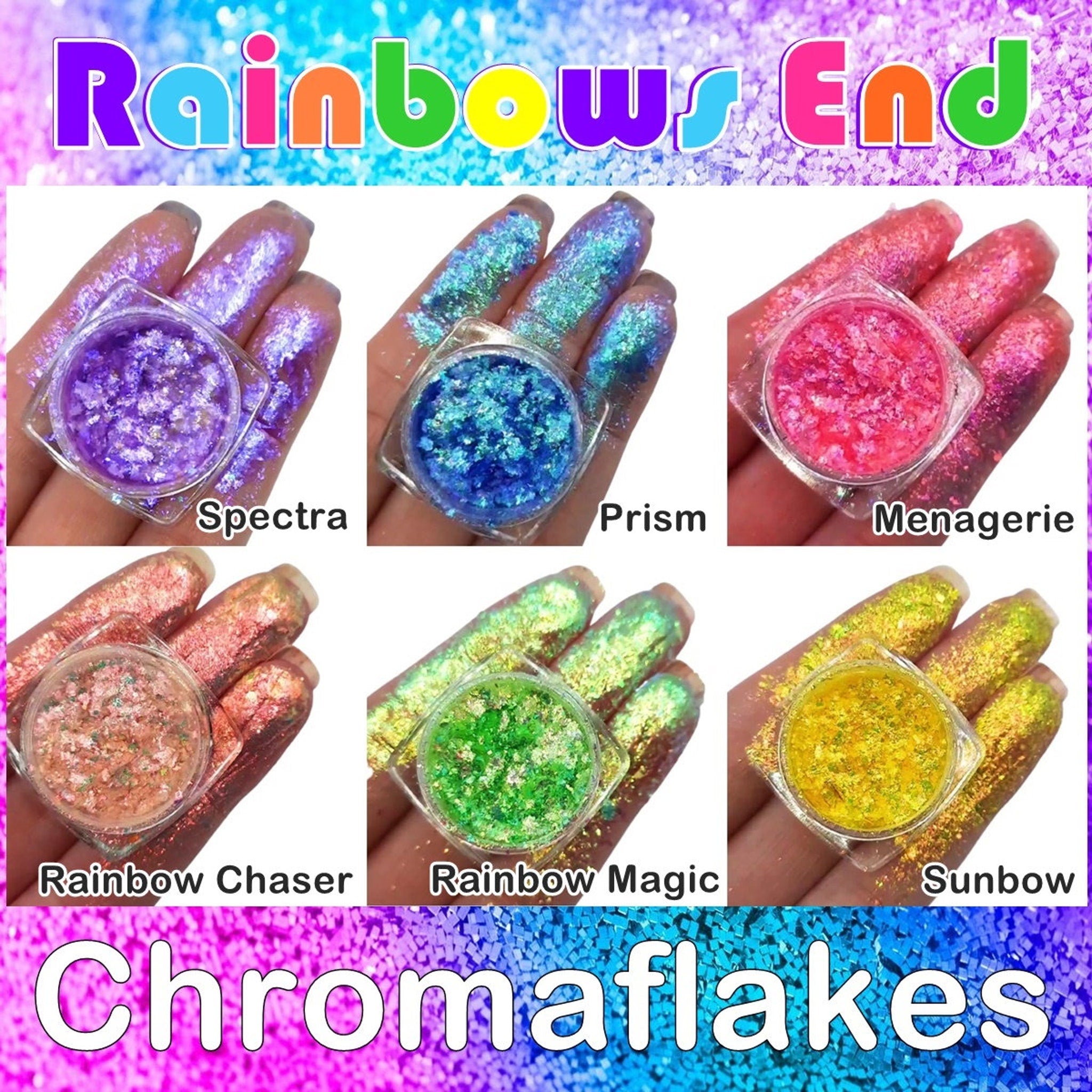 Close-up of iridescent Chromaflake eyeshadow flakes scattered on fingertips, showcasing multi-color sparkle