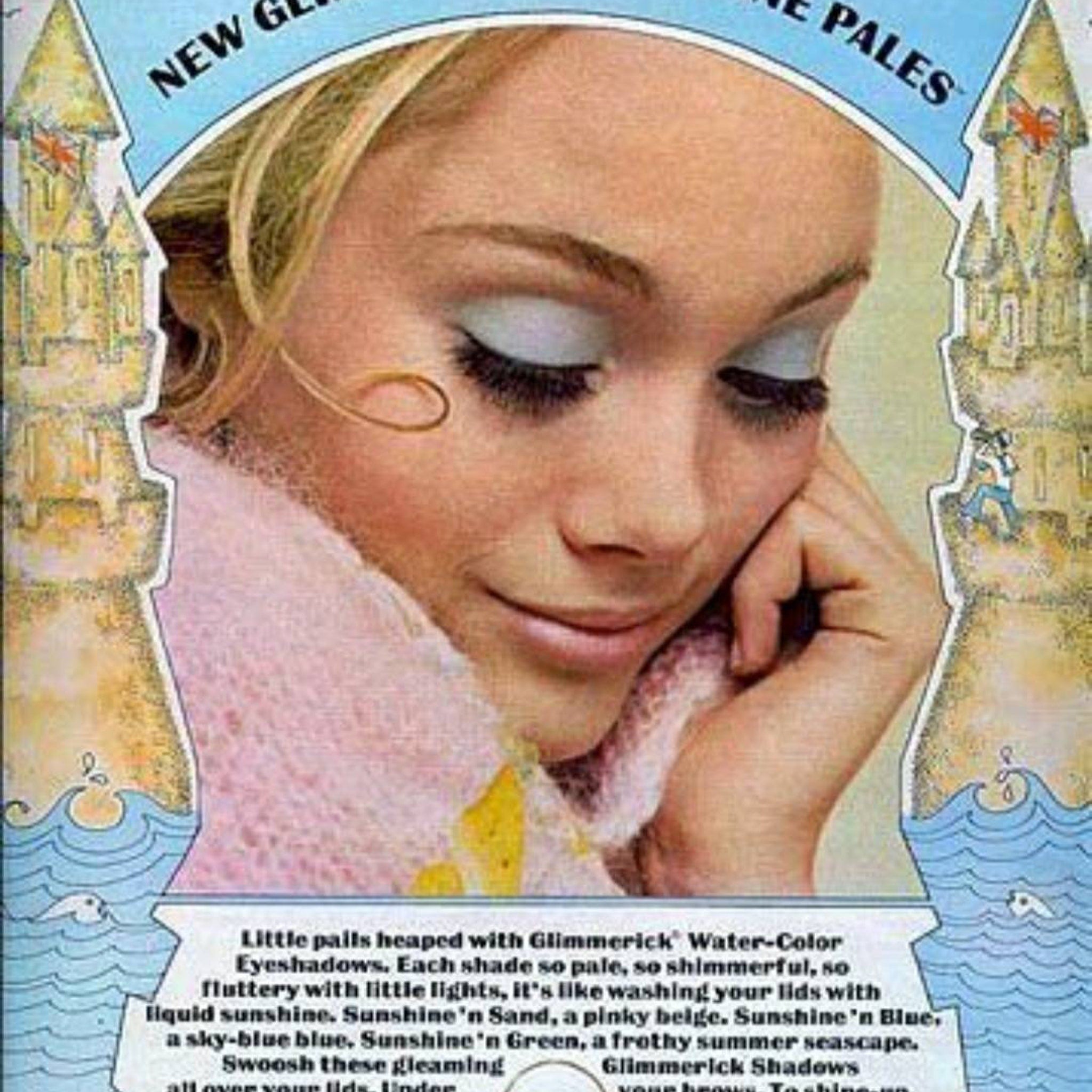 Eyeshadows with light blue color, long eyelashes, and a woman's face in an ad.
