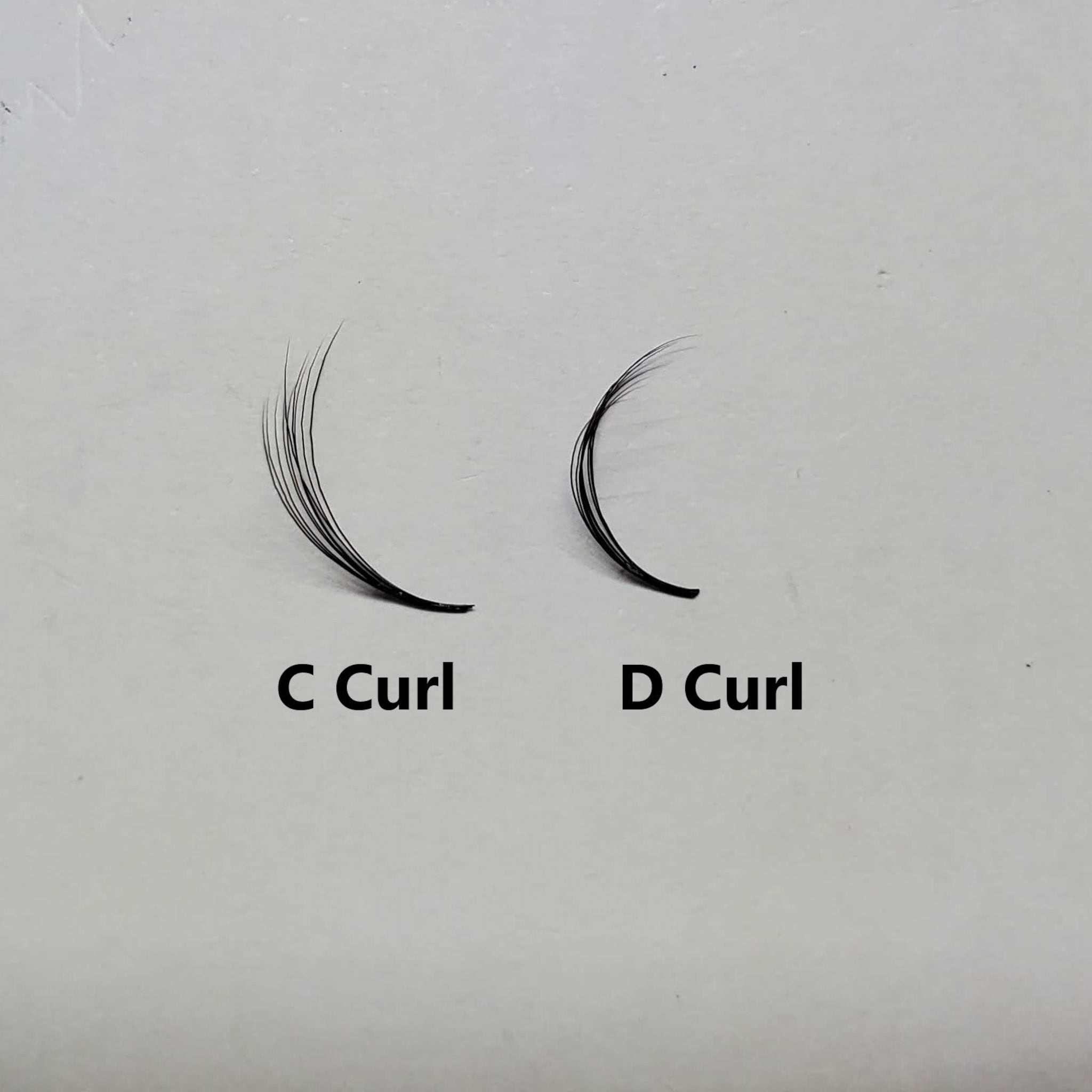 Eyelash extensions comparison, black synthetic fibers, C and D curl styles, Kimeyelashes text visible