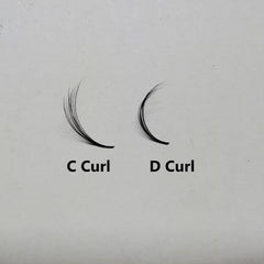 Eyelash extensions comparison, black synthetic fibers, C and D curl styles, Kimeyelashes text visible