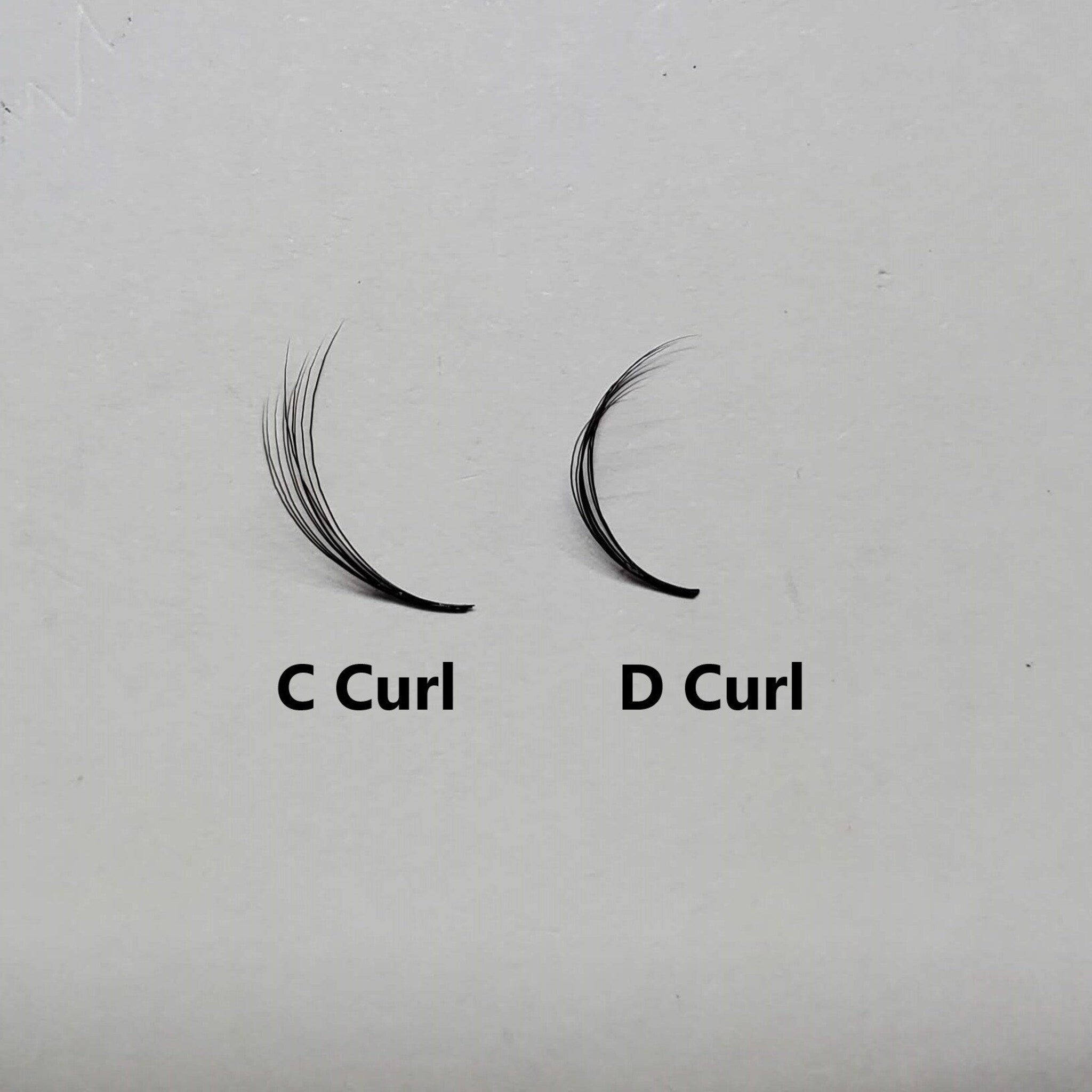 Eyelash extensions comparison, black synthetic fibers, C and D curl styles, Kimeyelashes text visible