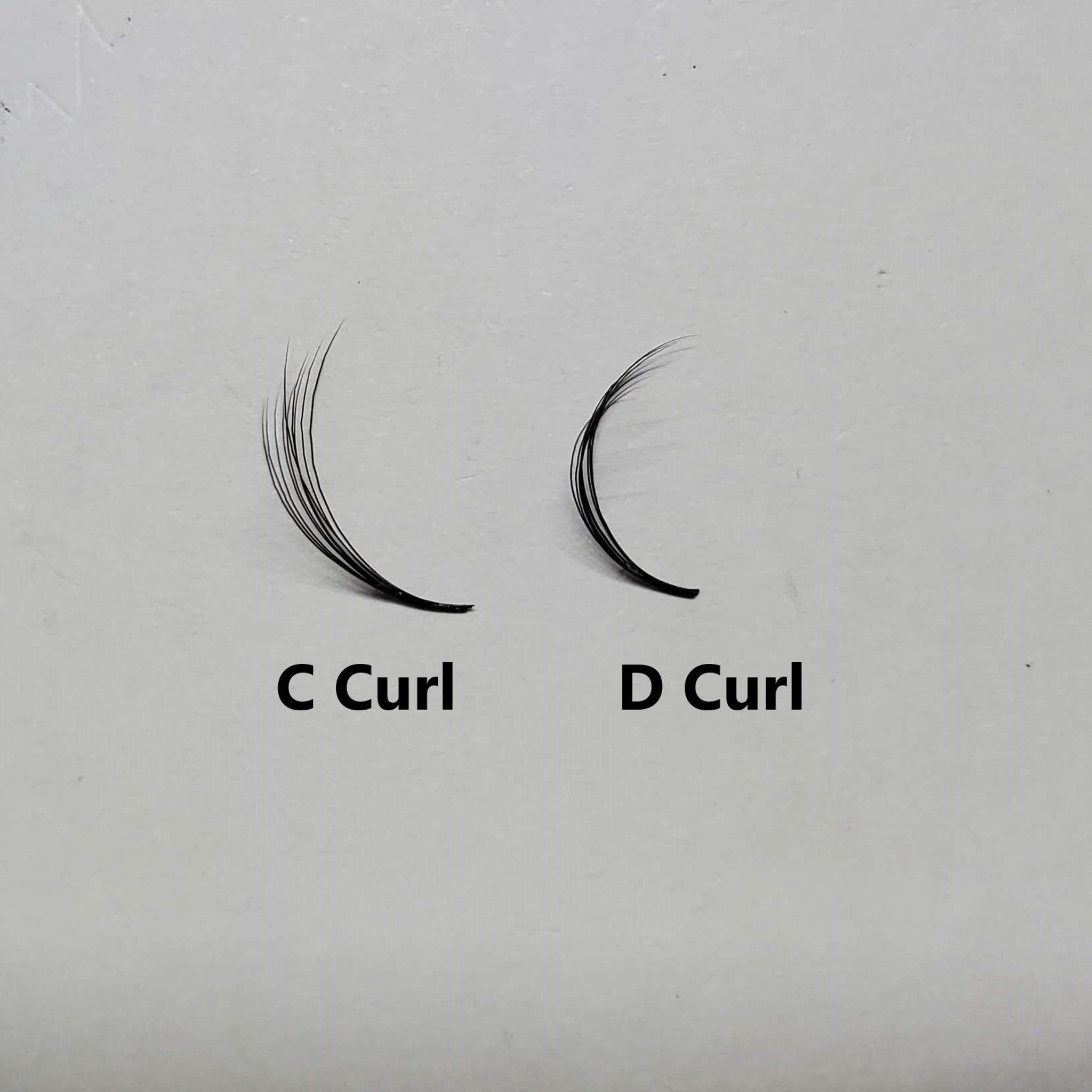 Eyelash curls, black synthetic fibers, C and D curl styles, white background