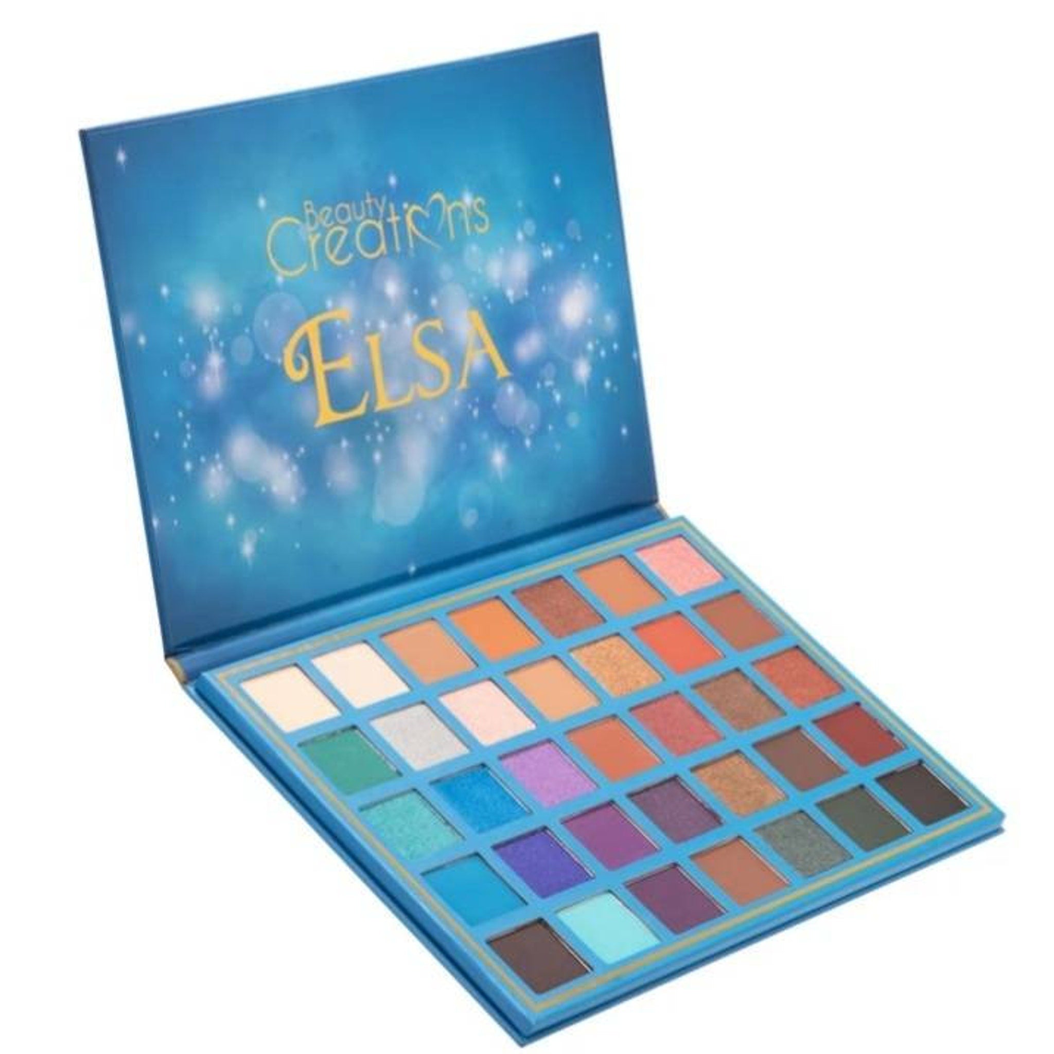 Side view of Elsa Beauty eyeshadow palette showcasing 12 vibrant matte and shimmer shades in sleek black compact