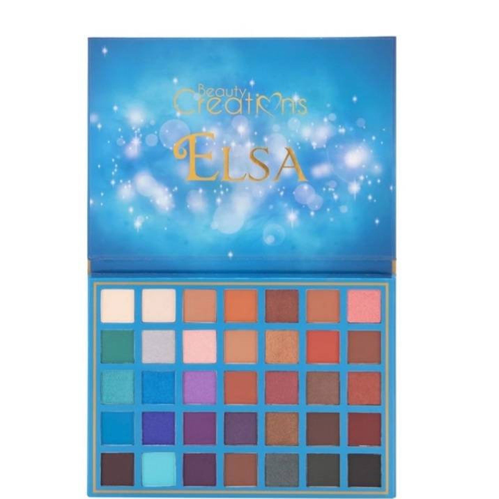 Elsa Beauty Creations eyeshadow palette featuring 12 vibrant matte and shimmer shades in a sleek black compact