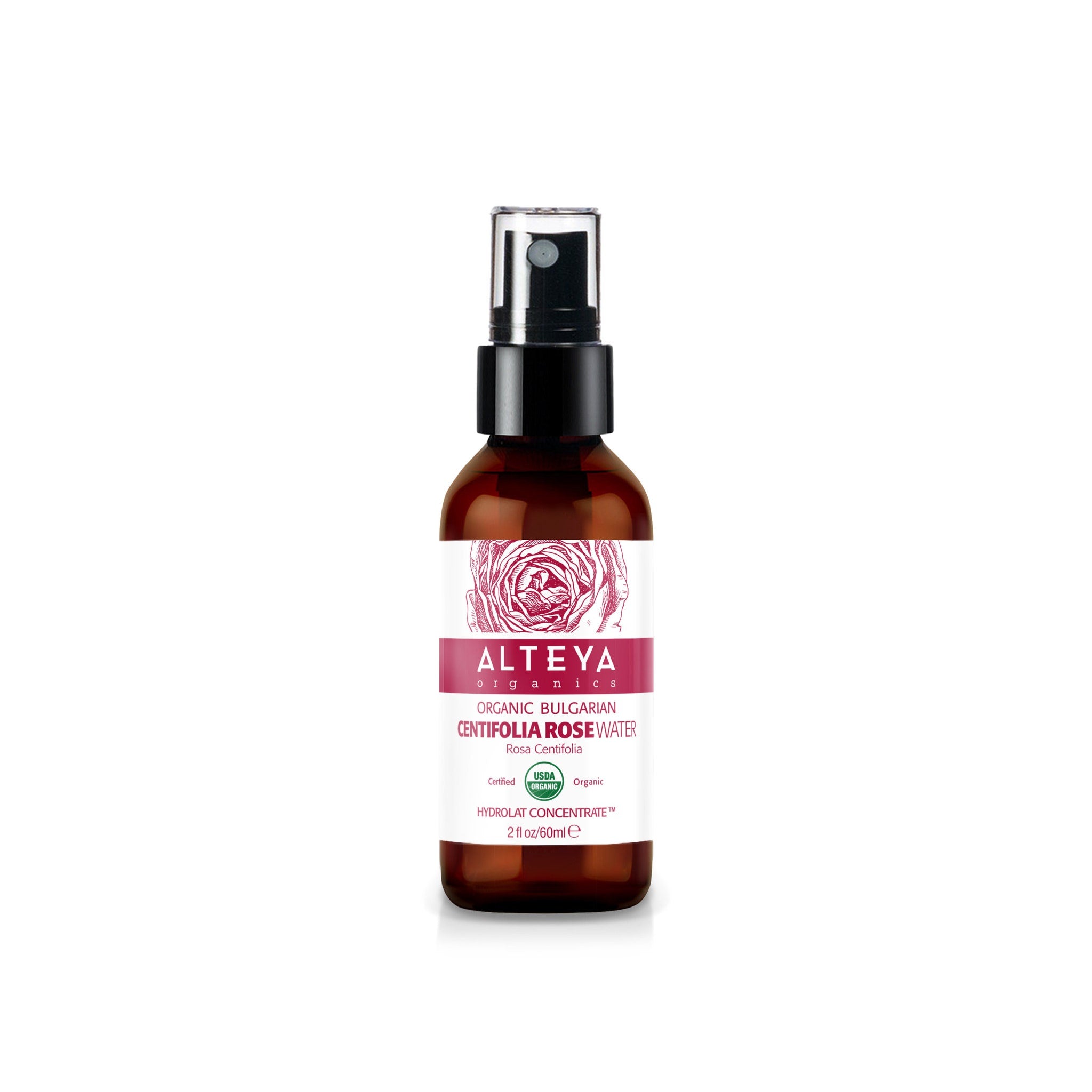 Rose water spray bottle, brown glass bottle, black spray top, with ALTEYA label