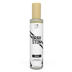 Face wash bottle with white label, black stripes, and wooden cap, BRAH STON brand