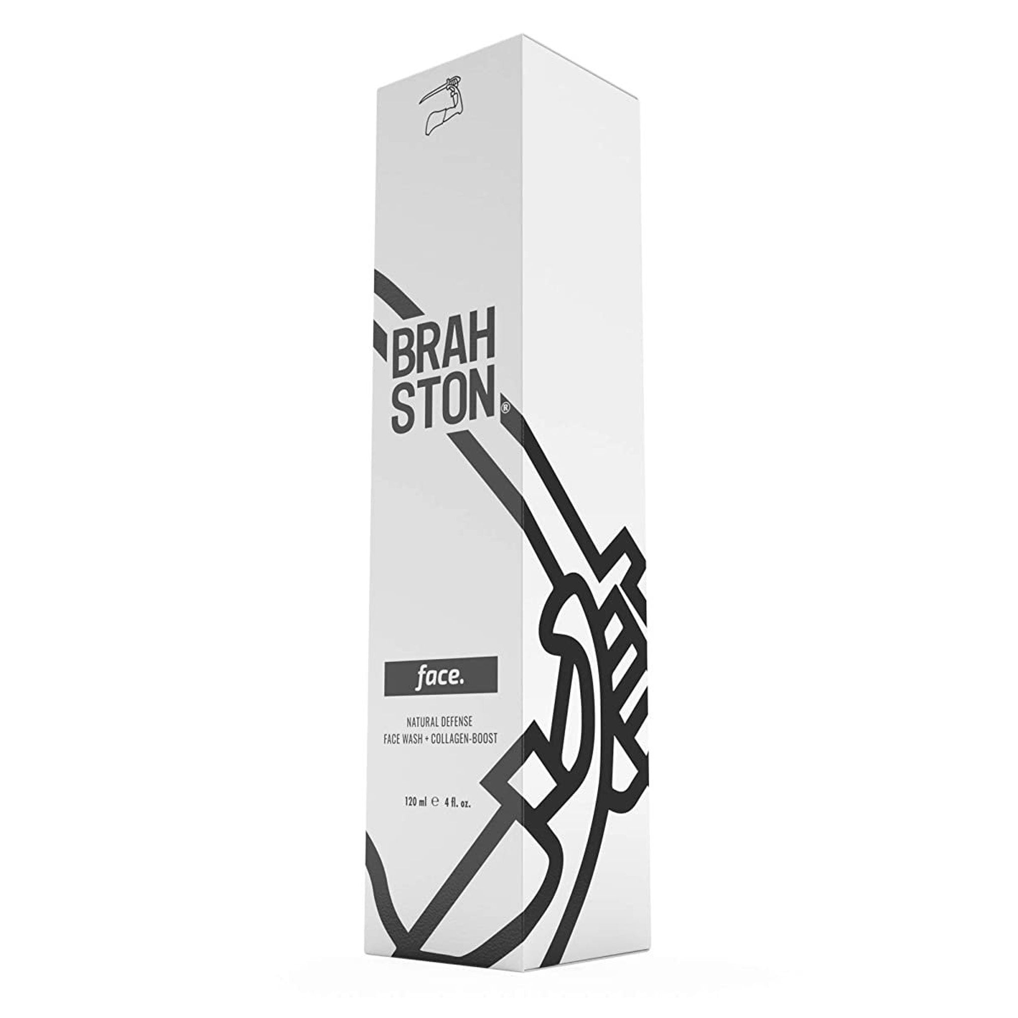Face wash box with white, black text, and BRAH STON brand name on the front
