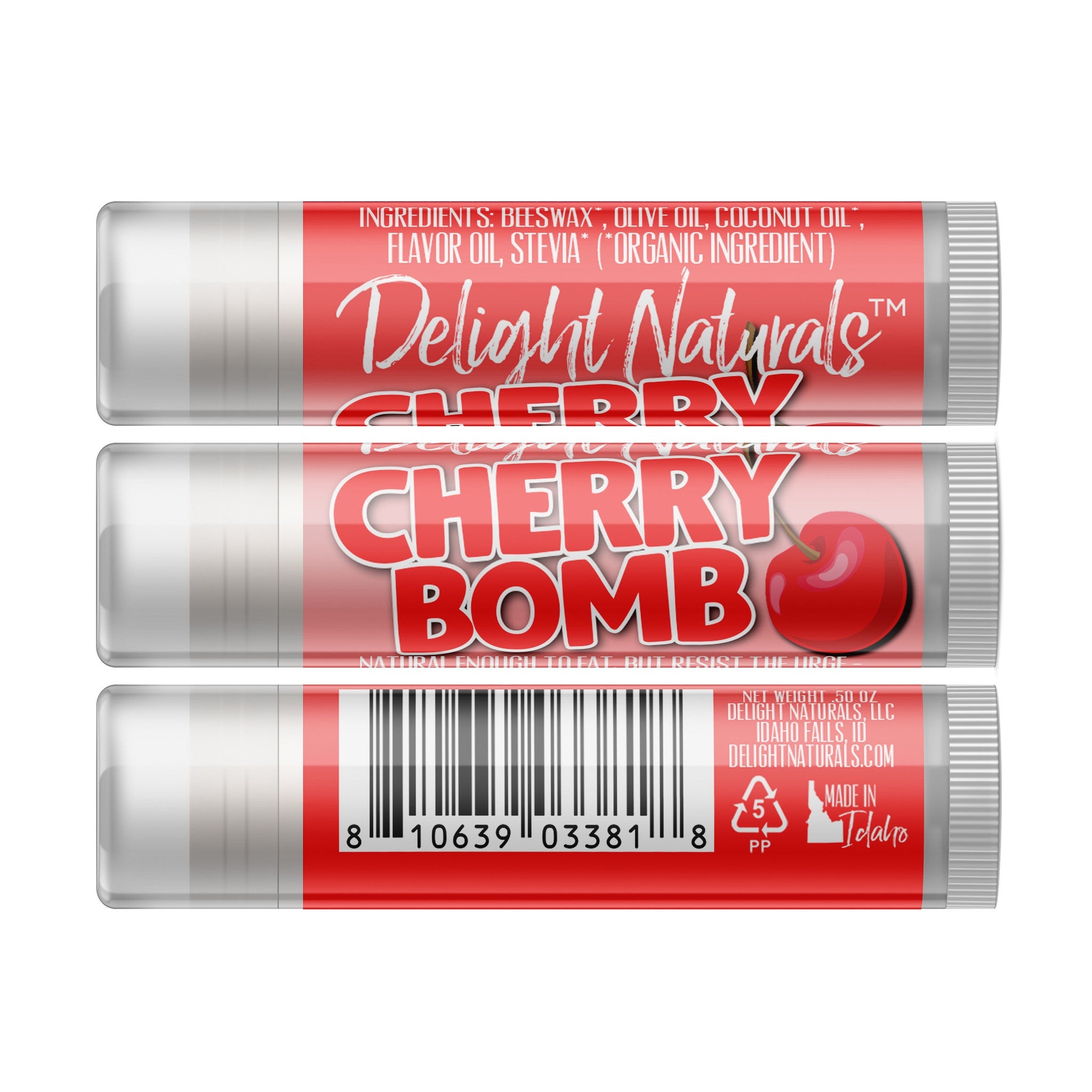 Cherry lip balm with red and white packaging, Delight Naturals brand name visible