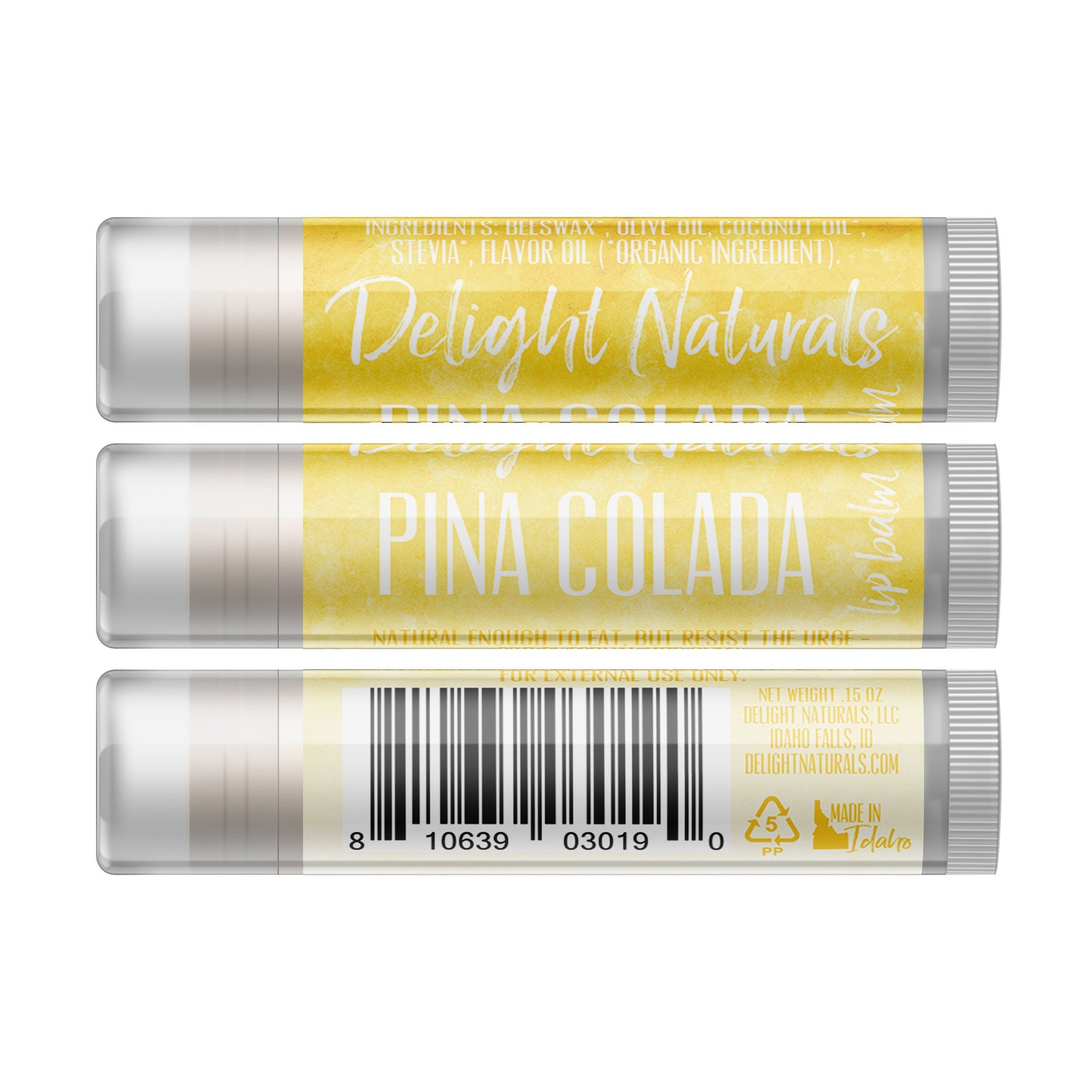 Lip balm with yellow and white label, "Pina Colada" text, Delight Naturals brand name visible