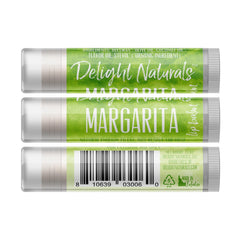 Lip balm tubes with white and green label, "Delight Naturals" text, and "Margarita" flavor name visible