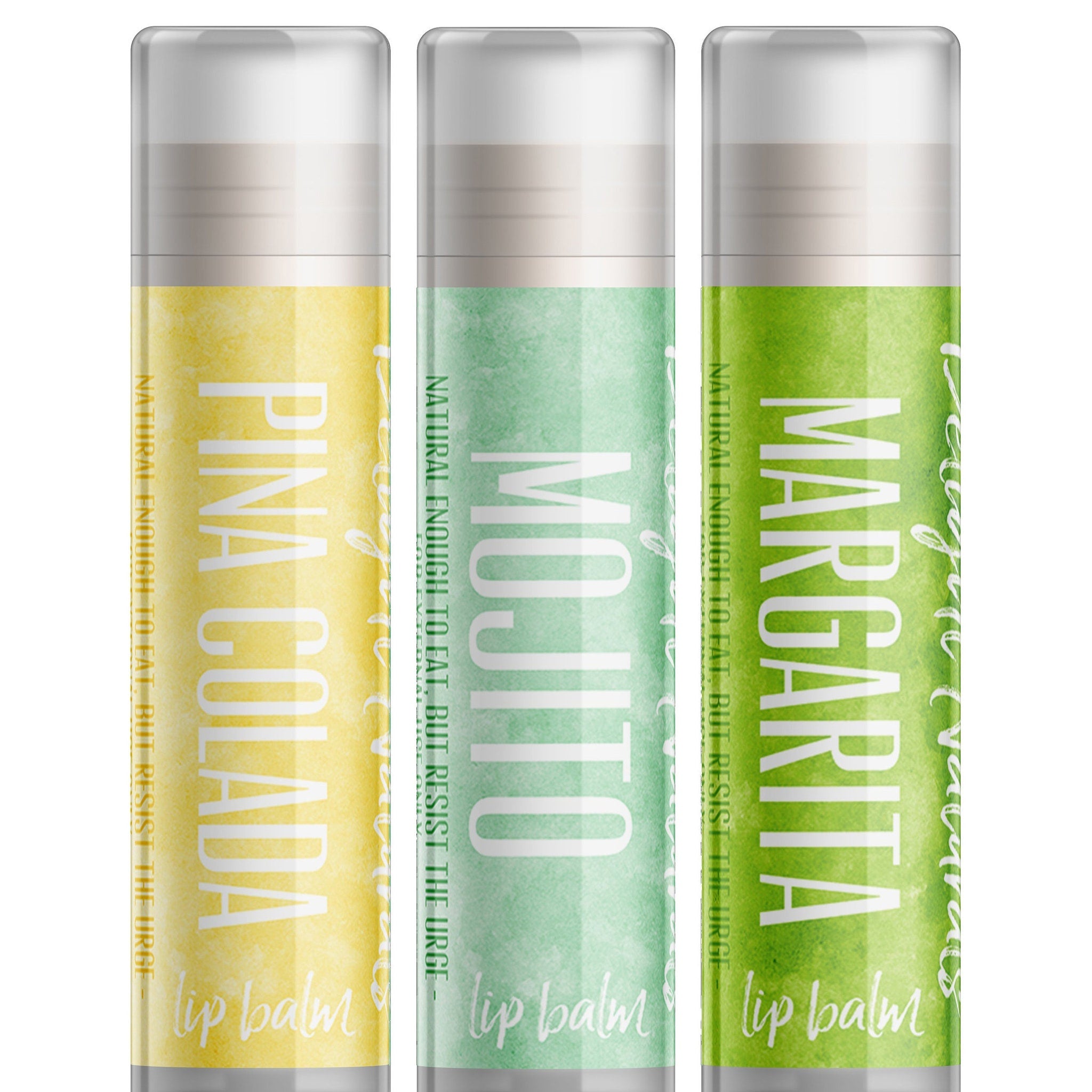 Lip balm set with yellow, green, and white tubes, Delight Naturals brand name visible