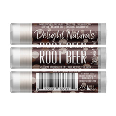 Lip balm tube with brown and white polka dot pattern, Delight Naturals text, and barcode