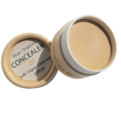 Side view of vegan zero waste concealer in matte nude shade with minimalist cardboard packaging