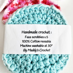 Face scrubbies, light blue crochet, handmade, with "Maddy's Crochet" text on label