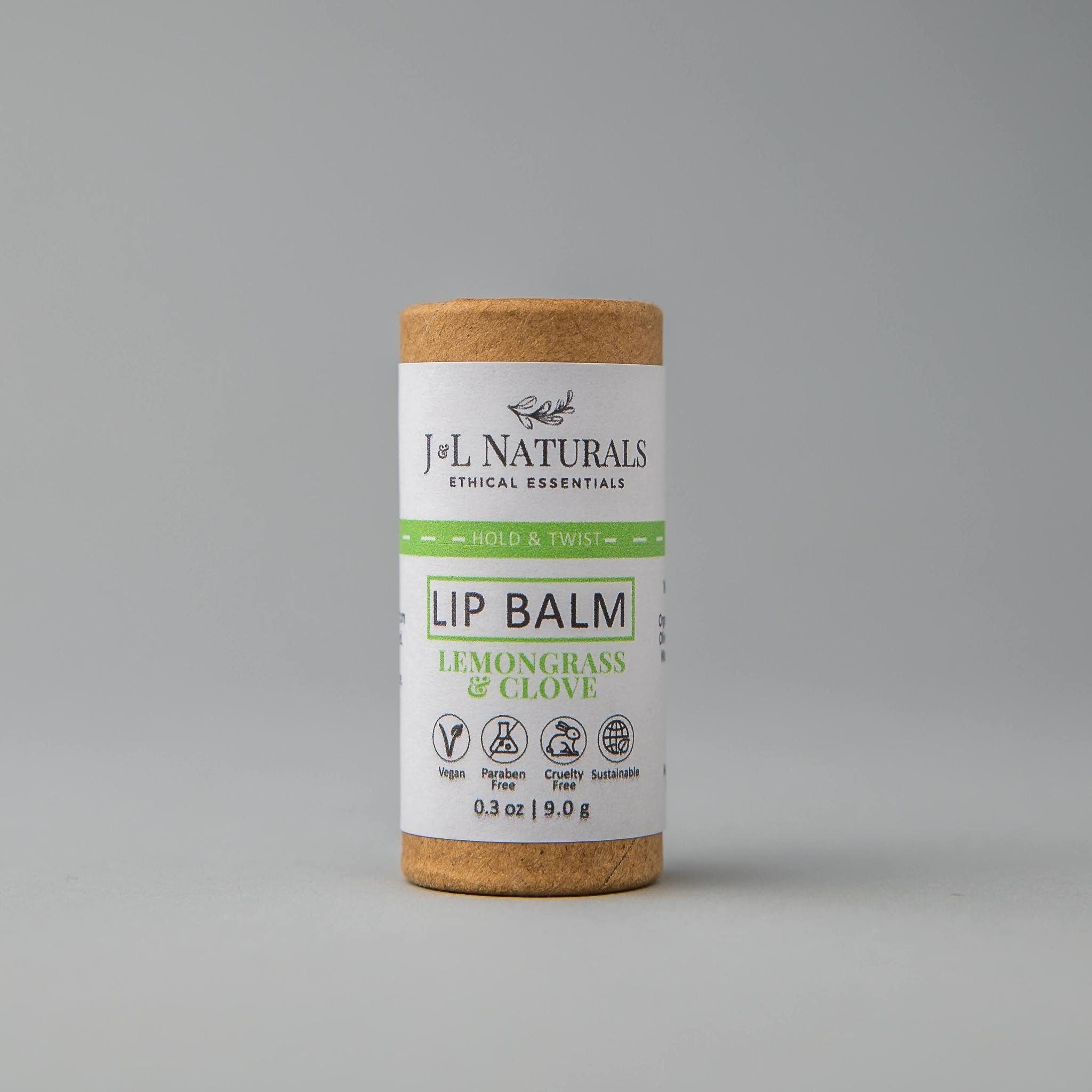 Lip balm tube with brown cardboard top, white label, and J&L Naturals branding